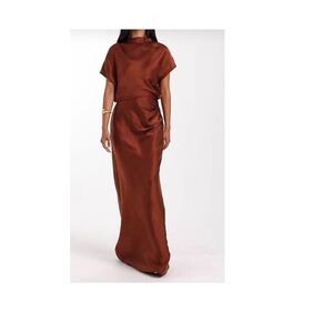 Six Stories Elegant Wm’s Bridesmaid Ruched Drape Satin Maxi Dress In Rust.